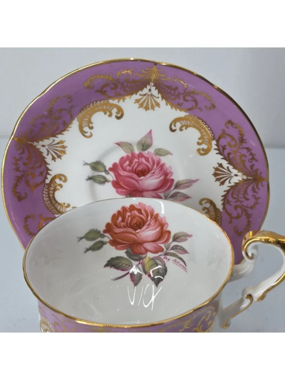 Paragon England Antique Rose Tea Cup & Saucer Signed Reg Johnson Gold Fushia